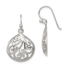 QE11990 Sterling Silver Polished Filigree Swirl Wide Teardrop Dangle Earrings
