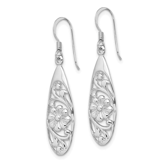 QE11995 Sterling Silver Rhodium-plated Polished Fancy Flower Dangle Earrings