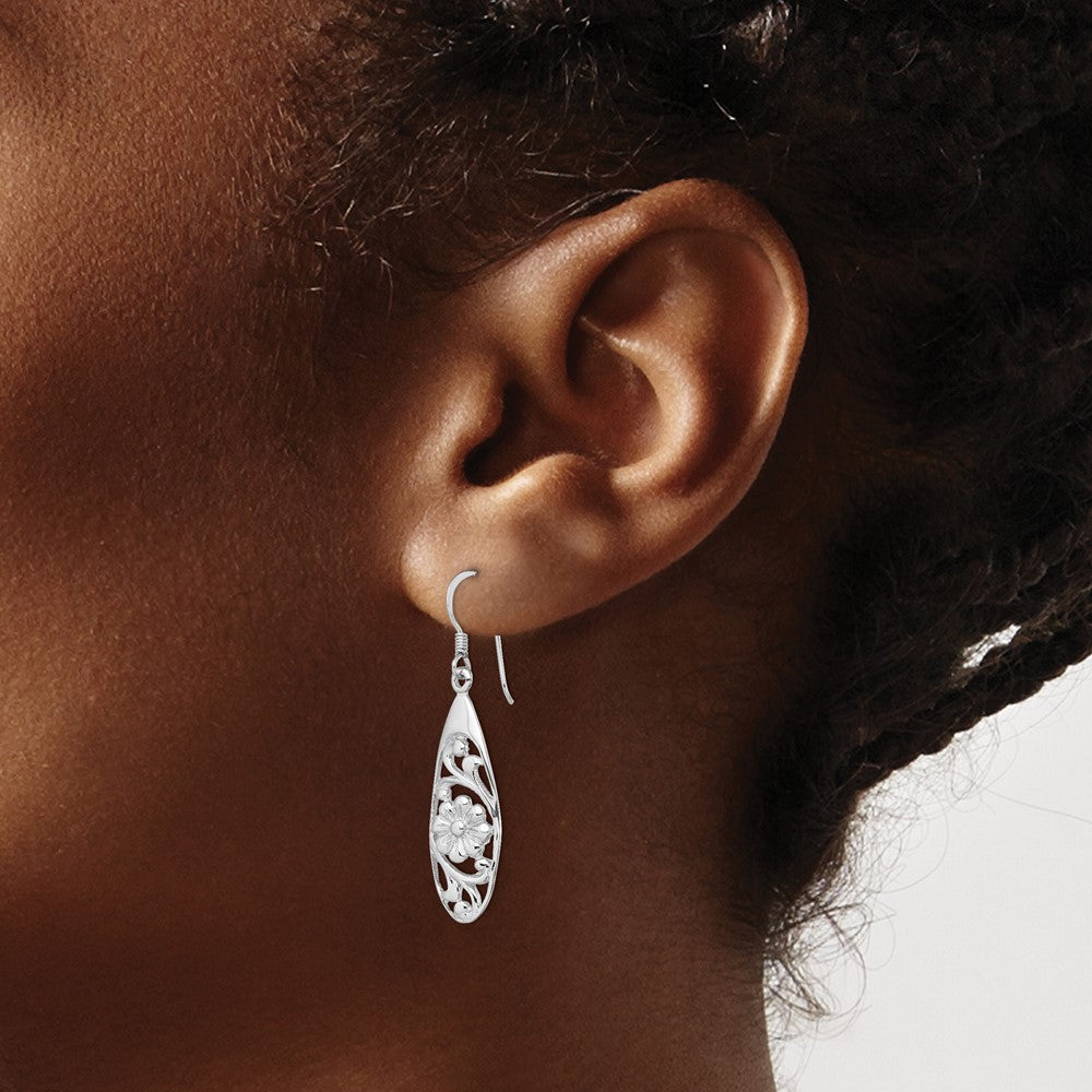 QE11995 Sterling Silver Rhodium-plated Polished Fancy Flower Dangle Earrings
