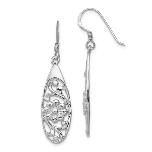 QE11995 Sterling Silver Rhodium-plated Polished Fancy Flower Dangle Earrings