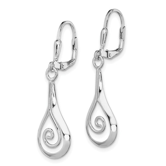 QE11999 Sterling Silver Rhod-plated Polished Swirl Teardrop Dangle Leverback Earrin