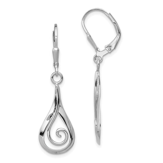 QE11999 Sterling Silver Rhod-plated Polished Swirl Teardrop Dangle Leverback Earrin