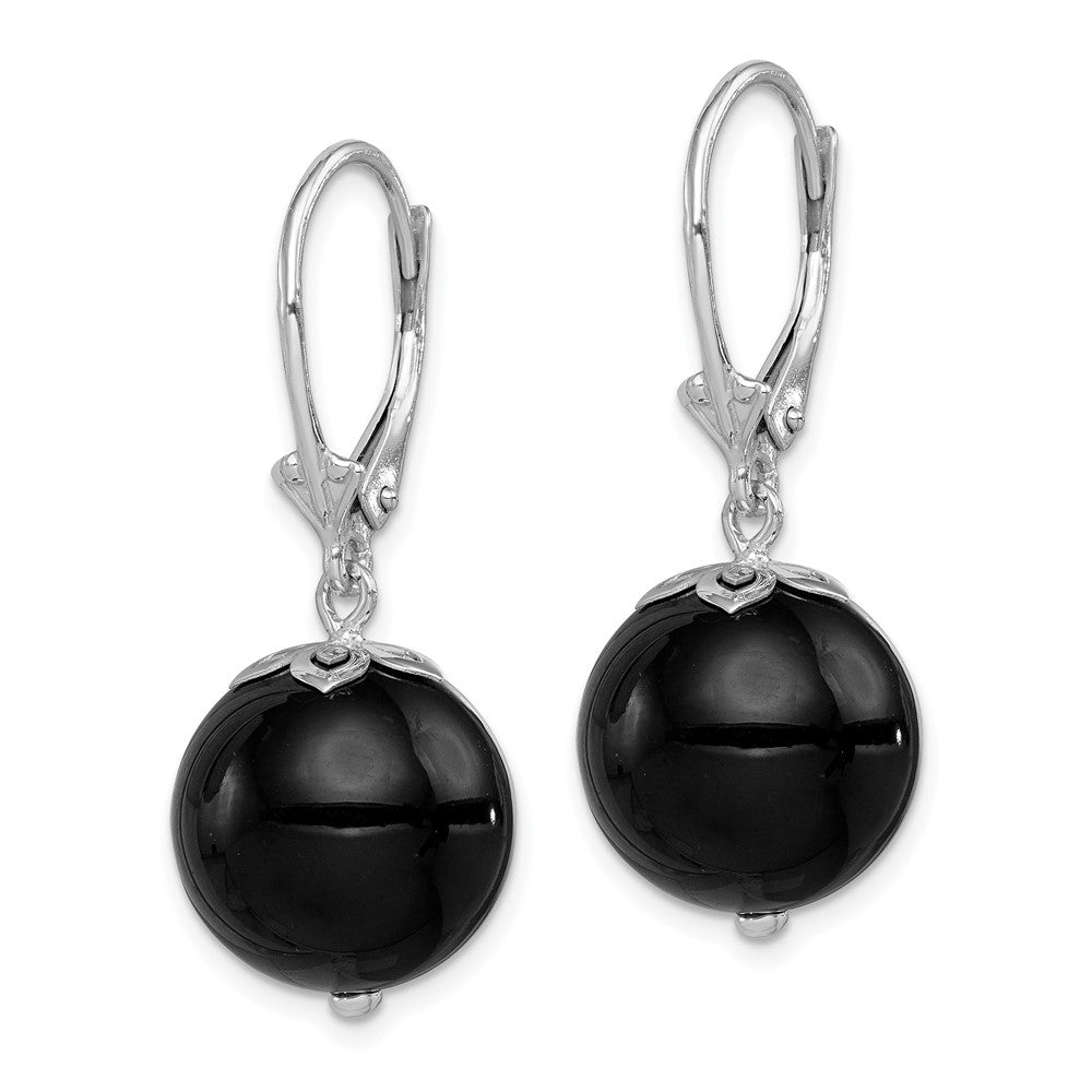 QE12021 Sterling Silver Rhodium-plated Polished Onyx Leverback Dangle Earrings