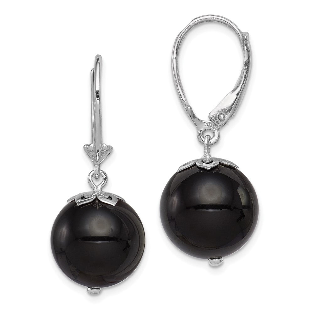 QE12021 Sterling Silver Rhodium-plated Polished Onyx Leverback Dangle Earrings