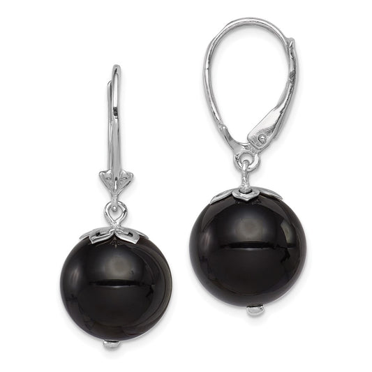 QE12021 Sterling Silver Rhodium-plated Polished Onyx Leverback Dangle Earrings