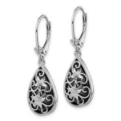 QE12023 Sterling Silver RH-plated D/C Onyx Floral Teardrop Leverback Earrings