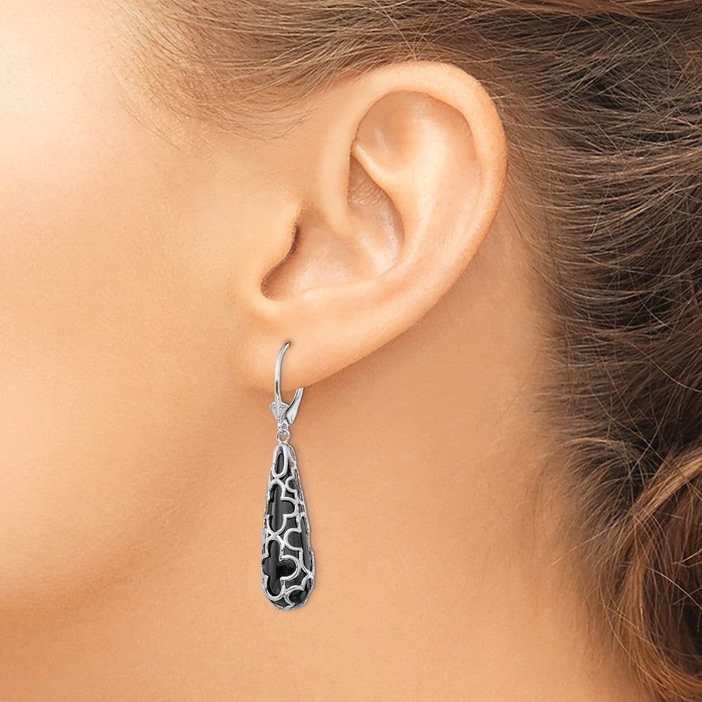 QE12025 Sterling Silver RH-pltd Polished Onyx Teardrop Leverback Dangle Earrings