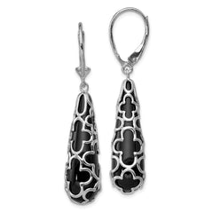 QE12025 Sterling Silver RH-pltd Polished Onyx Teardrop Leverback Dangle Earrings