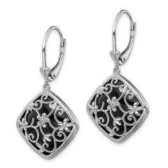 QE12026 Sterling Silver Rhodium-plated Filigree Floral Diamond Cut Diamond Shape Onyx Dangle Leverback Earrings
