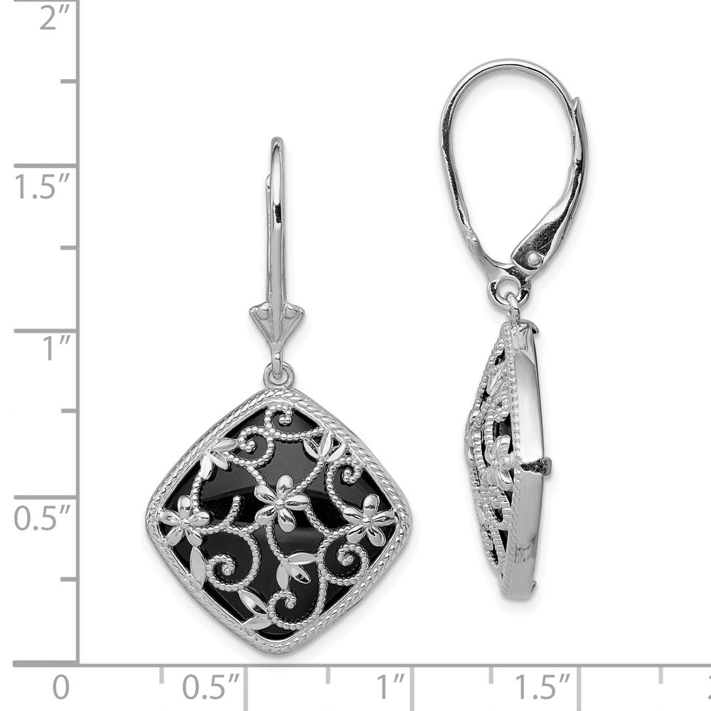 QE12026 Sterling Silver Rhodium-plated Filigree Floral Diamond Cut Diamond Shape Onyx Dangle Leverback Earrings