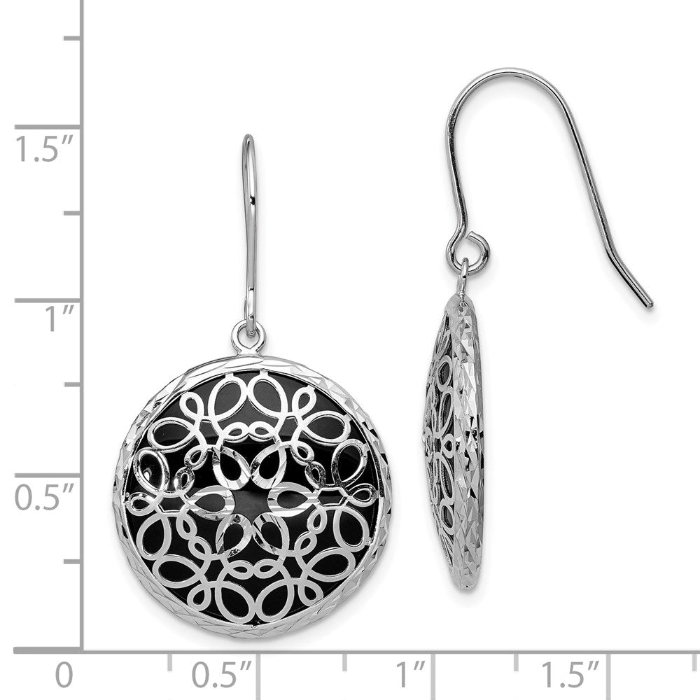 QE12027 Sterling Silver Rhodium-plated Polished D/C Onyx Circle Dangle Earrings