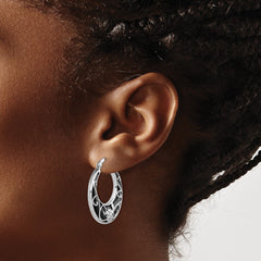 QE12031 Sterling Silver Rhodium-plated Polished Onyx Floral Round Hoop Earrings