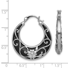 QE12031 Sterling Silver Rhodium-plated Polished Onyx Floral Round Hoop Earrings