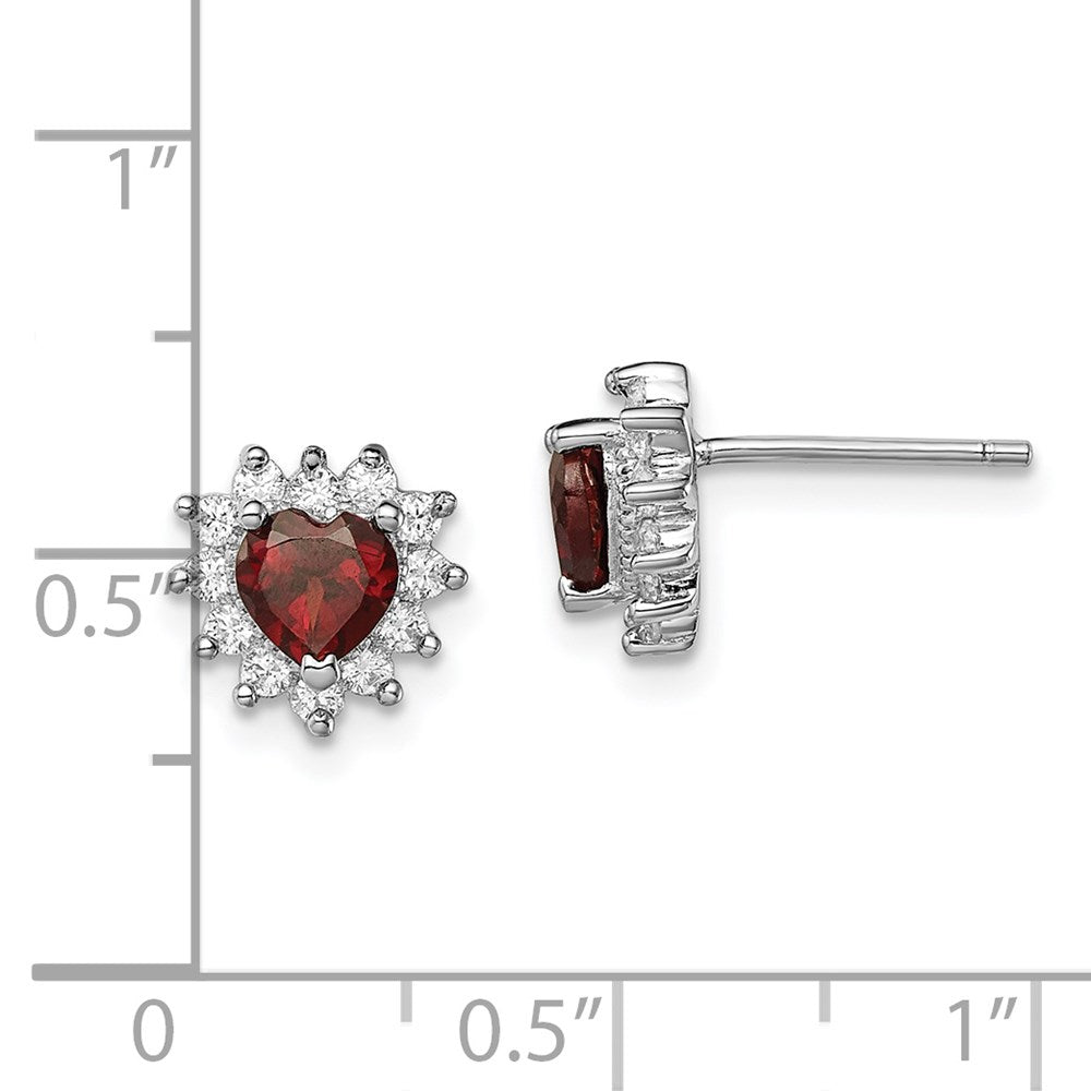 QE1204 Sterling Silver Rhodium-plated Garnet and CZ Heart Earrings