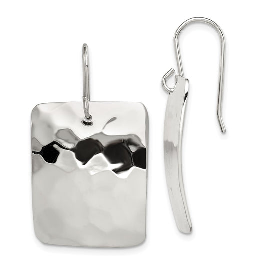 QE12043 Sterling Silver Polished & Hammered Rectangle Dangle Earrings