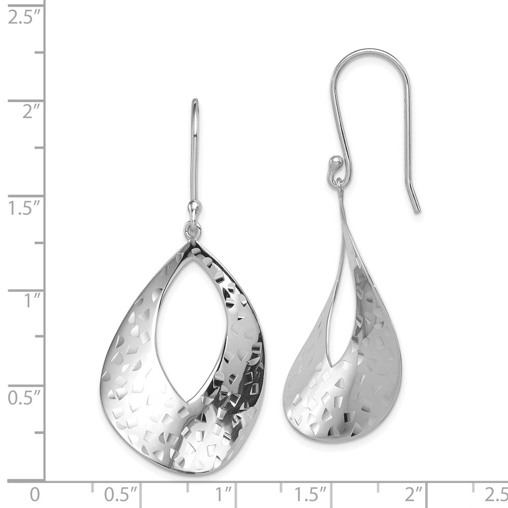 QE12059 Sterling Silver RH-plated Polished & Textured Curved Teardrop Dangle Earrin