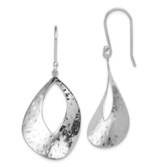 QE12059 Sterling Silver RH-plated Polished & Textured Curved Teardrop Dangle Earrin