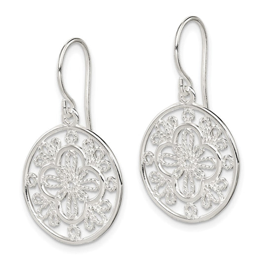 QE12095 Sterling Silver Polished & Textured Filigree Circle Dangle Earrings