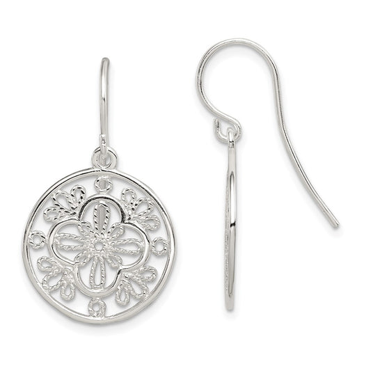 QE12095 Sterling Silver Polished & Textured Filigree Circle Dangle Earrings
