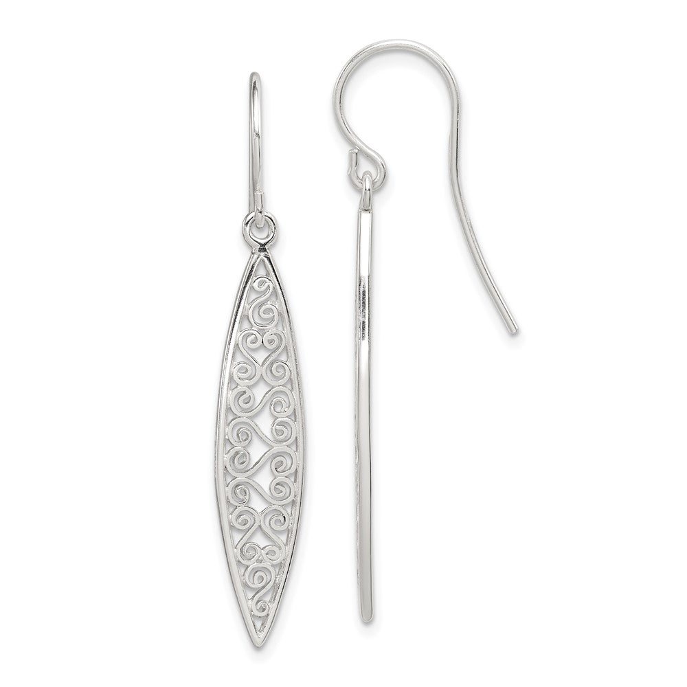 QE12099 Sterling Silver Polished Filigree Marquise Shaped Dangle Earrings