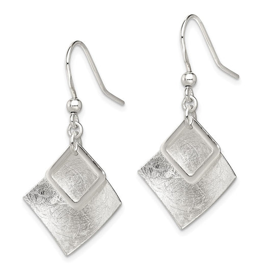 QE12100 Sterling Silver Polished & Textured Double Diamond Shape Dangle Earrings