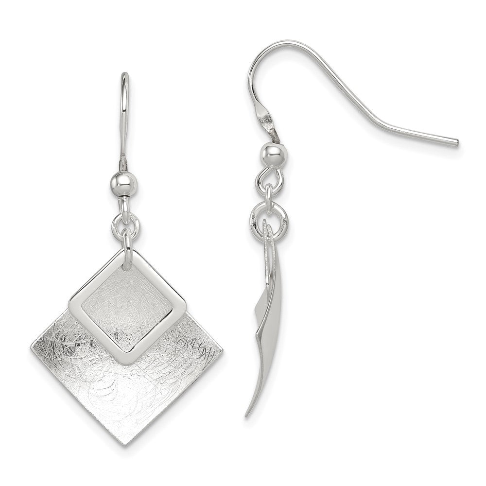 QE12100 Sterling Silver Polished & Textured Double Diamond Shape Dangle Earrings