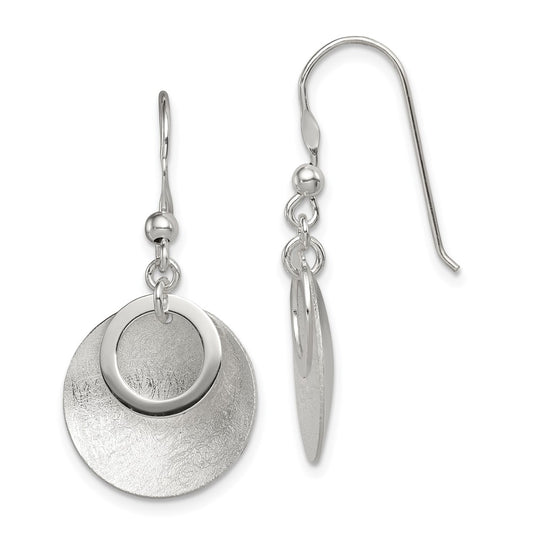 QE12104 Sterling Silver Polished & Brushed Double Circle Dangle Earrings