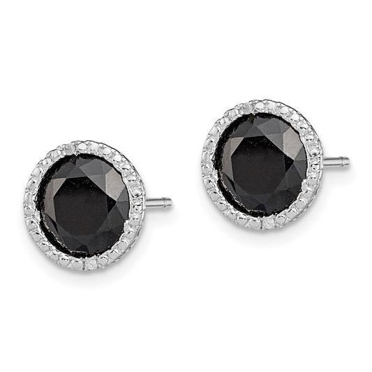 QE12152 Sterling Silver Rhodium-plated Black Sapphire & Diamond Post Earrings