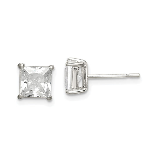 QE12176 Sterling Silver Polished 6mm Princess CZ Stud Earrings