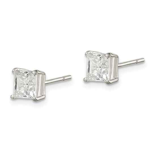 QE12177 Sterling Silver Polished 5mm Princess CZ Stud Earrings