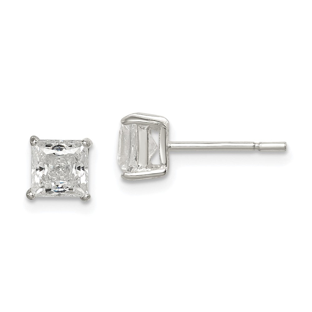 QE12177 Sterling Silver Polished 5mm Princess CZ Stud Earrings