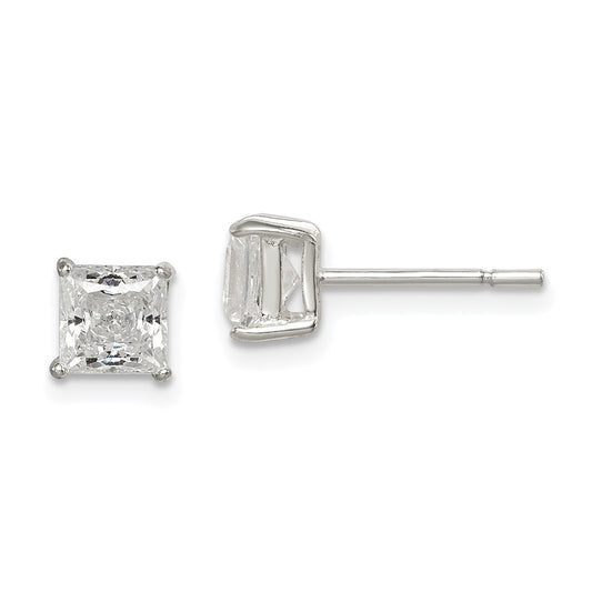 QE12177 Sterling Silver Polished 5mm Princess CZ Stud Earrings