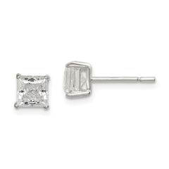 QE12177 Sterling Silver Polished 5mm Princess CZ Stud Earrings