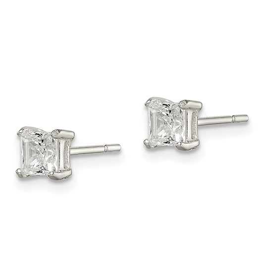 QE12178 Sterling Silver Polished 4mm Princess CZ Stud Earrings