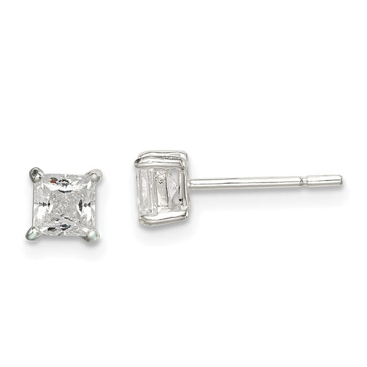 QE12178 Sterling Silver Polished 4mm Princess CZ Stud Earrings
