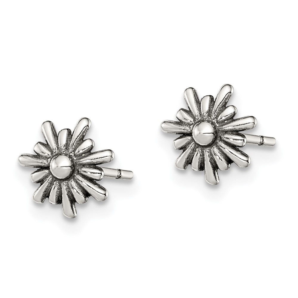 QE12225 Sterling Silver Polished and Antiqued Flower Post Earrings