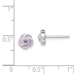 QE12236 Sterling Silver Polished Purple CZ Enamel Flower Post Earrings