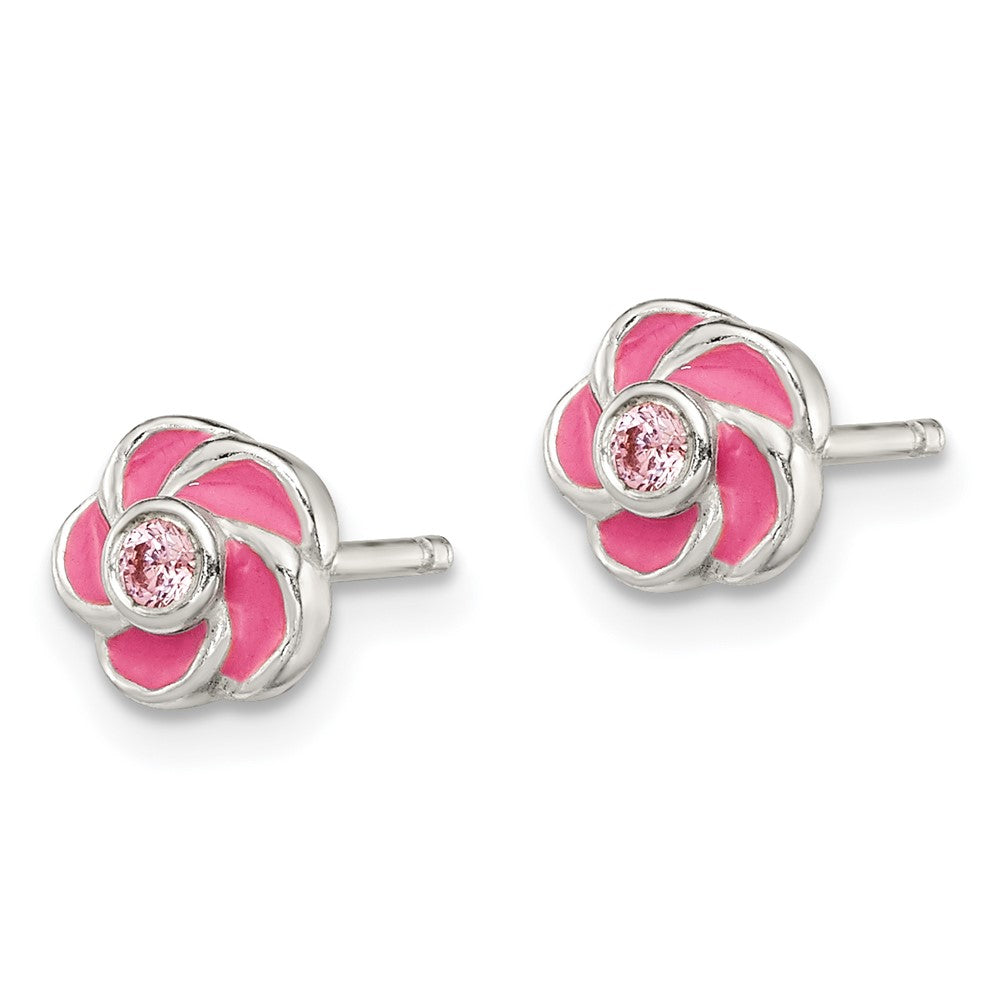 QE12237 Sterling Silver Polished Enamel Flower CZ Post Earrings