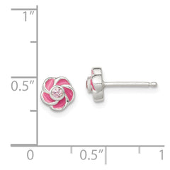 QE12237 Sterling Silver Polished Enamel Flower CZ Post Earrings
