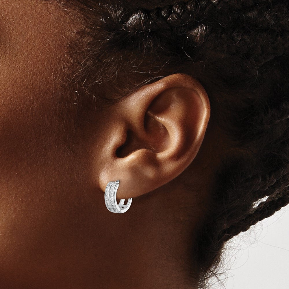QE12257 Sterling Silver Polished Rhodium-plated Hinged Hoop Earrings