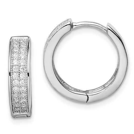 QE12260 Sterling Silver Rhodium-plated 2-row Pav�� Hinged Hoop Earrings