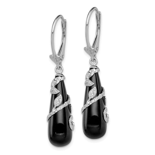 QE12336 Sterling Silver Rhodium-plated Polished & Diamond-cut Vine Wrapped Onyx Teardrop Dangle Leverback Earrings