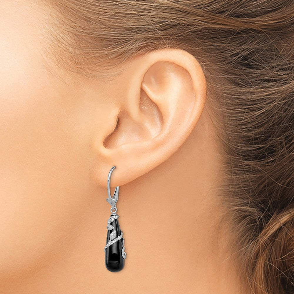 QE12336 Sterling Silver Rhodium-plated Polished & Diamond-cut Vine Wrapped Onyx Teardrop Dangle Leverback Earrings