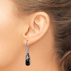 QE12336 Sterling Silver Rhodium-plated Polished & Diamond-cut Vine Wrapped Onyx Teardrop Dangle Leverback Earrings