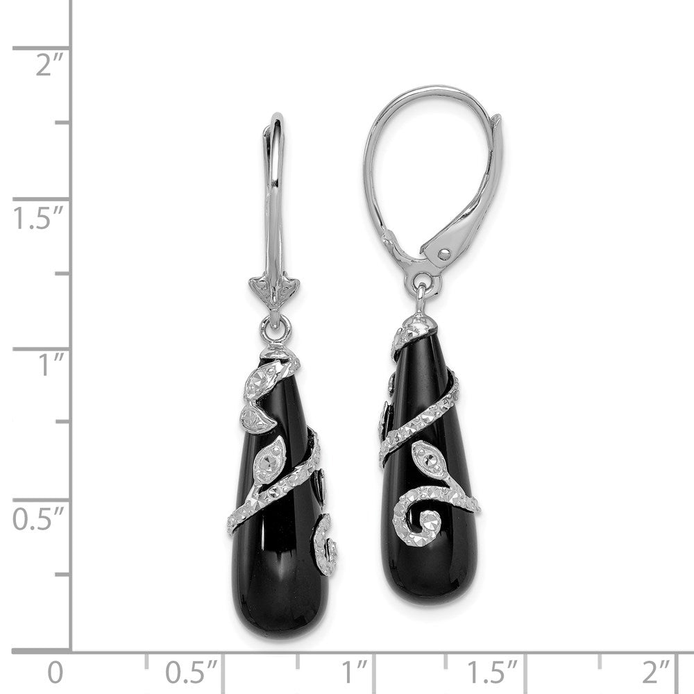 QE12336 Sterling Silver Rhodium-plated Polished & Diamond-cut Vine Wrapped Onyx Teardrop Dangle Leverback Earrings
