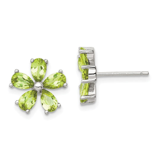 QE1233 Sterling Silver Rhodium Plated Peridot Floral Earrings