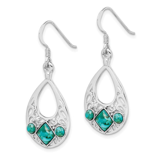 QE12354 Sterling Silver Rhodium-plated Recon. Turquoise Dangle Earrings
