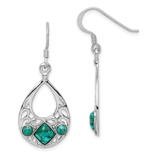QE12354 Sterling Silver Rhodium-plated Recon. Turquoise Dangle Earrings