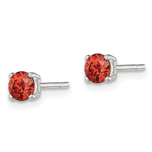 QE12359 Sterling Silver Polished 4mm Round Red Glass Stud Earrings