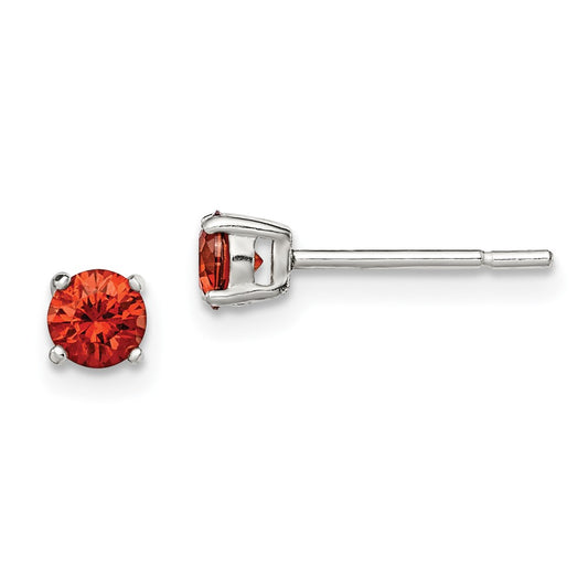 QE12359 Sterling Silver Polished 4mm Round Red Glass Stud Earrings